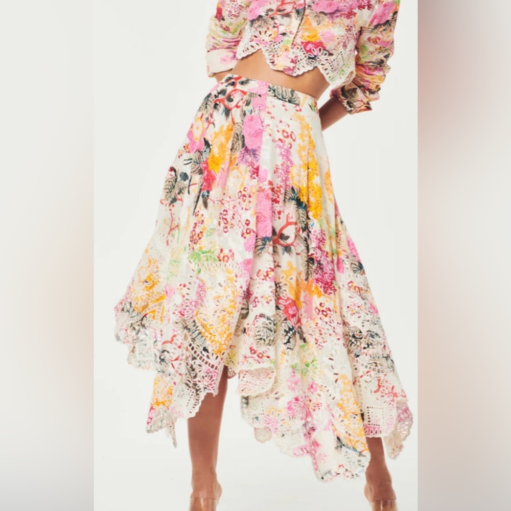 HEMANT & NANDITA  Charu Asymmetrical Floral Skirt in Pink and Yellow